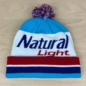 Natural Light Natty Light Beer Winter Beanie Pom Hat Blue White & Red Logo